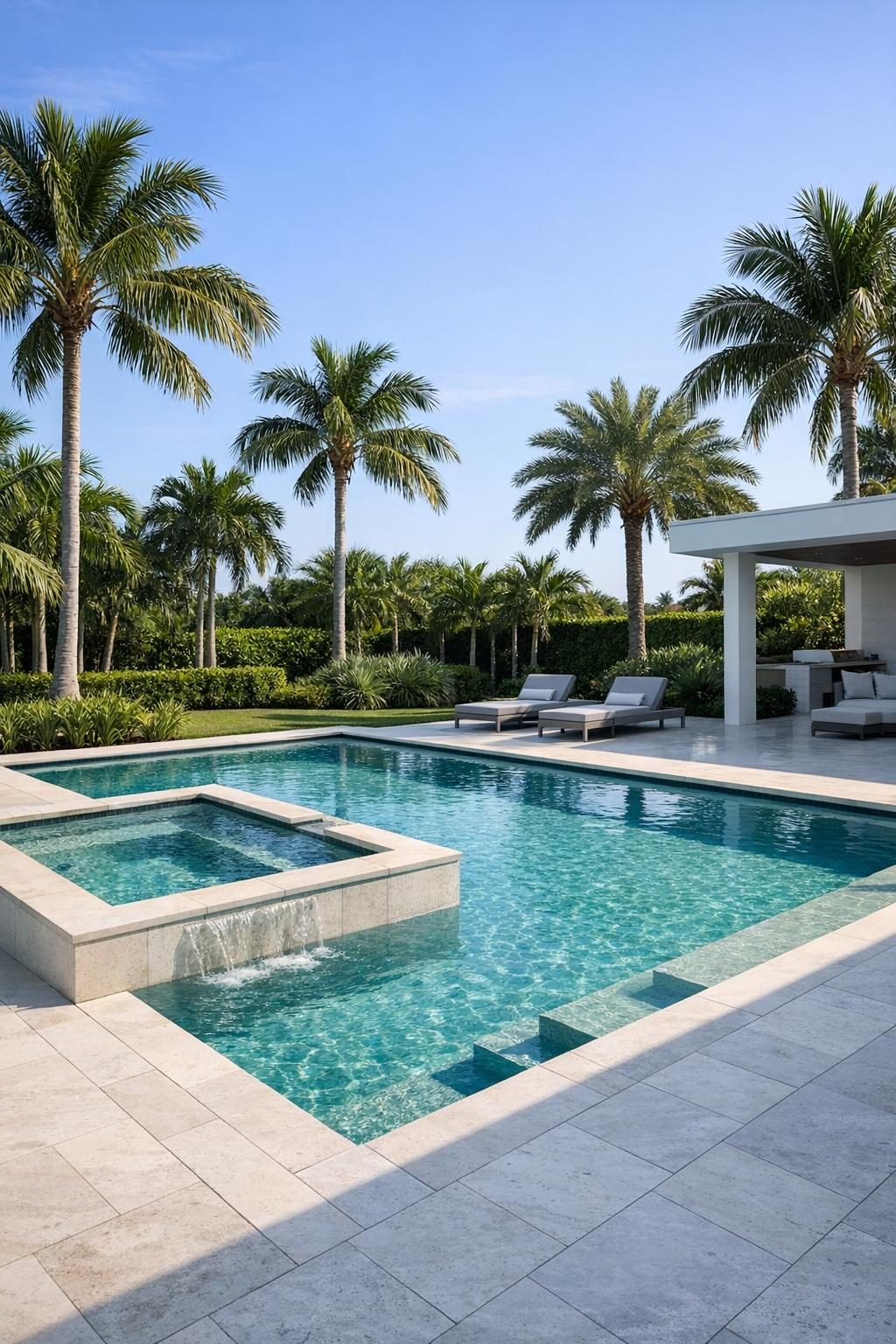 a completed pool with palm trees